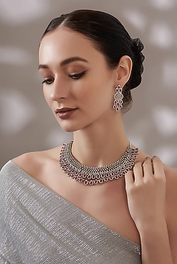 White Finish Faux Diamond Necklace Set