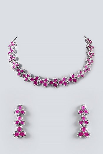 White Finish Zircon & Ruby Necklace Set