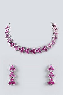 White Finish Zircon & Ruby Necklace Set