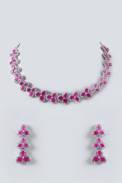 White Finish Zircon & Ruby Necklace Set