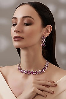 White Finish Zircon & Ruby Necklace Set