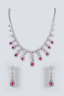 White Finish Red Stone Long Necklace Set