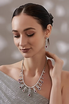 White Finish Red Stone Long Necklace Set