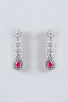 White Finish Red Stone Long Necklace Set