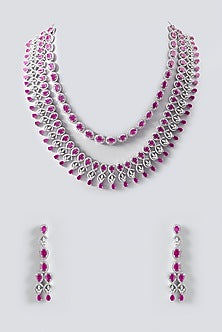 White Finish Red Stone Layered Necklace Set