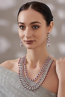 White Finish Red Stone Layered Necklace Set