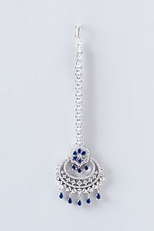 White Finish Faux Diamond & Blue Stone Maangtikka