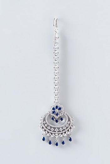 White Finish Faux Diamond & Blue Stone Maangtikka