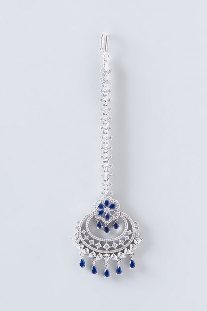 White Finish Faux Diamond & Blue Stone Maangtikka