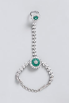 White Finish Faux Diamond & Green Stone Hathphool