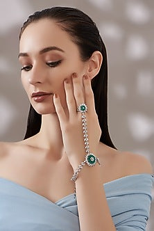 White Finish Faux Diamond & Green Stone Hathphool