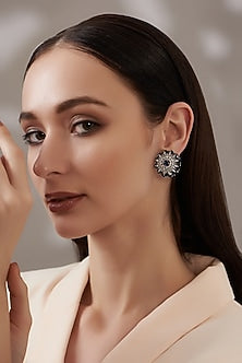 White Finish Blue Stone Stud Earrings
