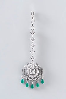 White Finish Faux Diamond & Green Stone Maangtikka
