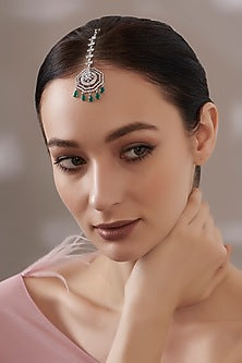 White Finish Faux Diamond & Green Stone Maangtikka