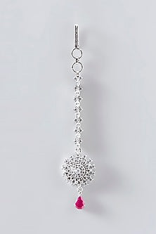 White Finish Faux Diamond & Red Stone Maangtikka