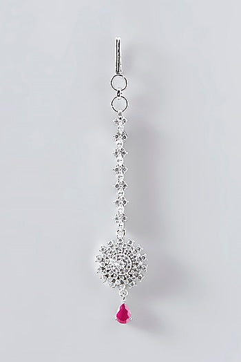 White Finish Faux Diamond & Red Stone Maangtikka