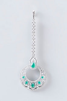 White Finish Faux Diamond & Green Stone Maangtikka