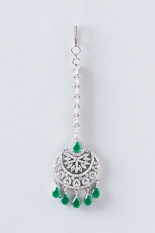 White Finish Faux Diamond & Green Stone Maangtikka