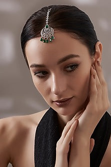 White Finish Faux Diamond & Green Stone Maangtikka