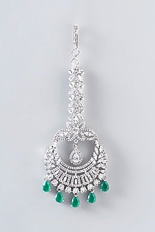 White Finish Faux Diamond & Green Stone Maangtikka