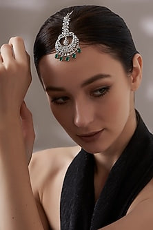 White Finish Faux Diamond & Green Stone Maangtikka