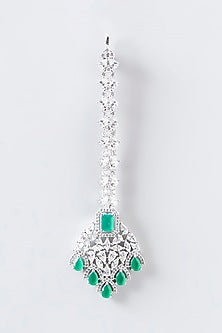 White Finish Faux Diamond & Green Stone Maangtikka