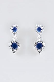White Finish Faux Diamond & Blue Stone Dangler Earrings