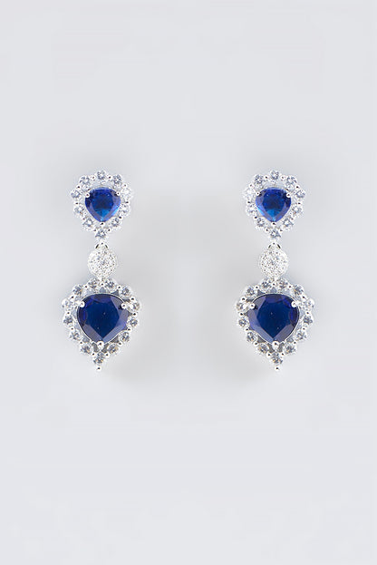 White Finish Faux Diamond & Blue Stone Dangler Earrings