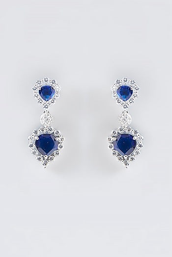 White Finish Faux Diamond & Blue Stone Dangler Earrings