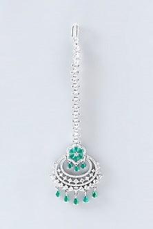 White Finish Faux Diamond & Green Stone Maangtikka