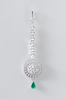 White Finish Faux Diamond & Green Stone Maangtikka