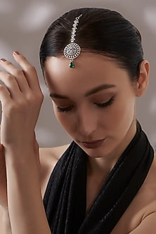 White Finish Faux Diamond & Green Stone Maangtikka
