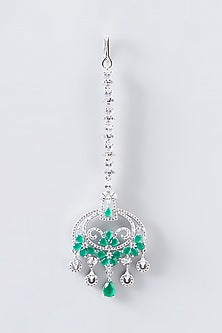 White Finish Faux Diamond & Green Stone Maangtikka