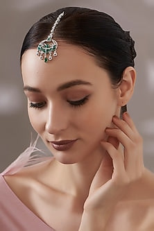 White Finish Faux Diamond & Green Stone Maangtikka