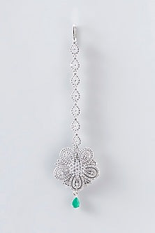 White Finish Faux Diamond & Green Stone Maangtikka