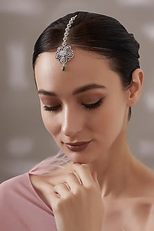 White Finish Faux Diamond & Green Stone Maangtikka
