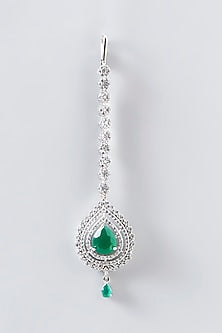 White Finish Faux Diamond & Green Stone Maangtikka