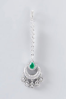 White Finish Faux Diamond & Green Stone Maangtikka