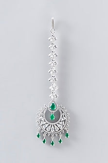 White Finish Faux Diamond & Green Stone Maangtikka