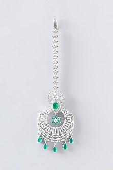 White Finish Faux Diamond & Green Stone Maangtikka