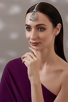 White Finish Faux Diamond & Green Stone Maangtikka