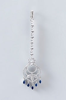 White Finish Faux Diamond Blue Stone Maangtikka