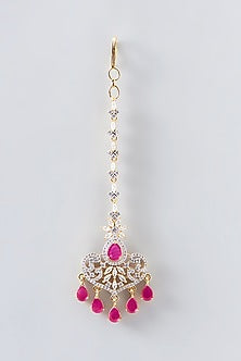 Gold Finish Faux Diamond & Red Stone Maangtikka