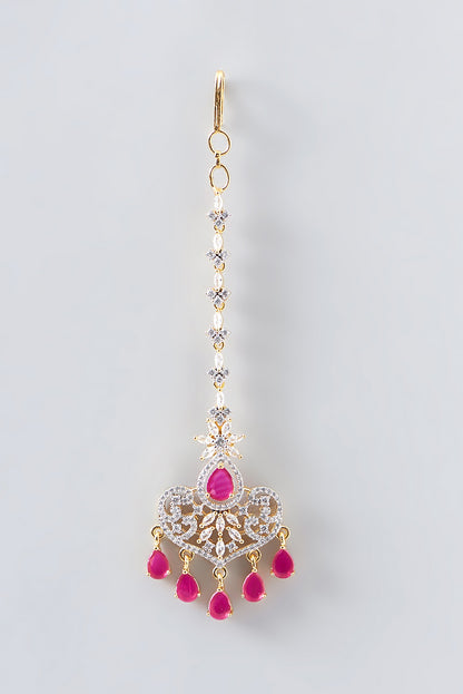 Gold Finish Faux Diamond & Red Stone Maangtikka