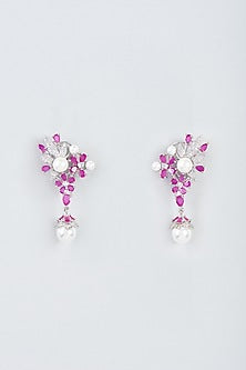 White Finish Zircon & Red Stone Dangler Earrings