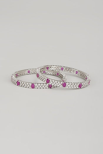 White Finish Zircon & Red Stone Bangles (Set Of 2)