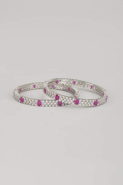 White Finish Zircon & Red Stone Bangles (Set Of 2)