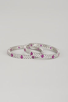 White Finish Zircon & Red Stone Bangles (Set Of 2)