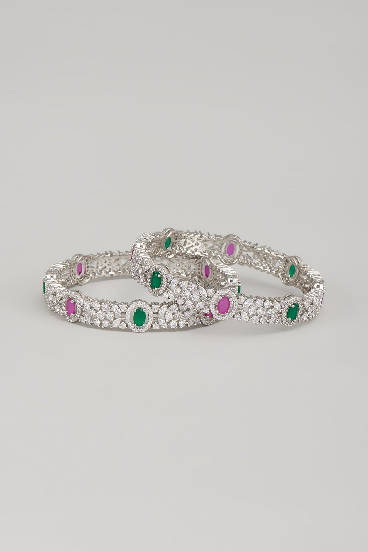 White Finish Zircon & Multi-Colored Stone Bangles (Set Of 2)