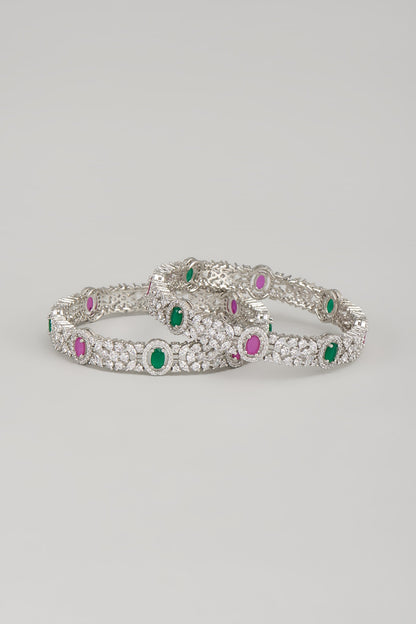 White Finish Zircon & Multi-Colored Stone Bangles (Set Of 2)